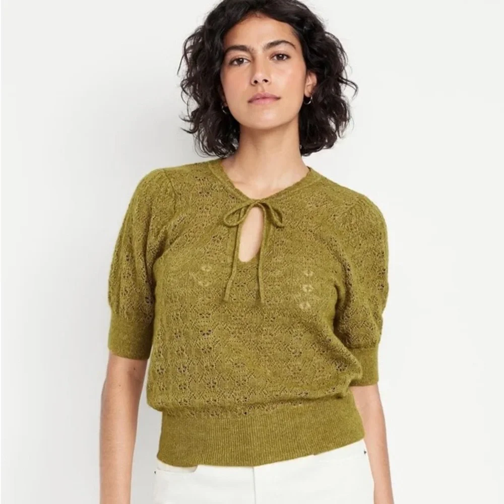 Puff-Sleeve Tie-Neck Pointelle Sweater Open Knit XS